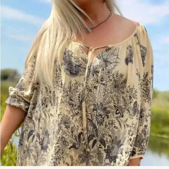 Love Stitch Floral Paisley Toile Peasant Dress Mini Tunic Casual Relaxed - Picture 3 of 12